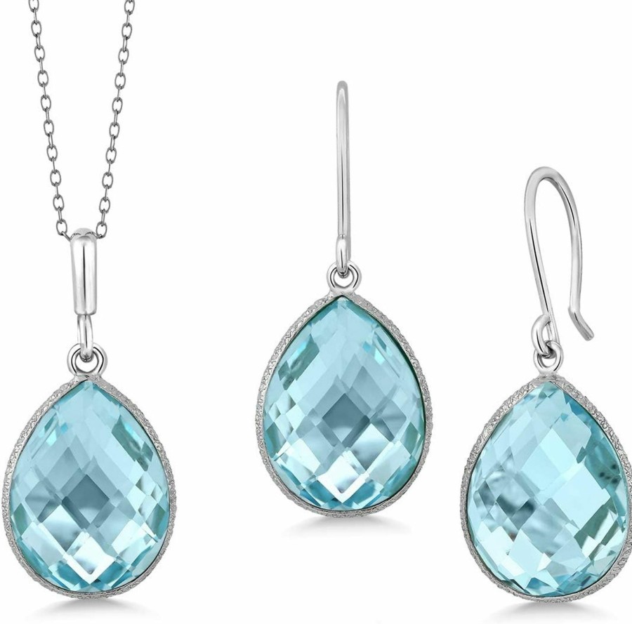 Gem Stone King Gem Stone King 925 Sterling Silver Blue Topaz Pendant And Earrings Jewelry Set For Women (22.50 Cttw Pear Shape 16X12Mm Gemstone Birthstone With 18 Inch Silver Chain) Jewelry Sets