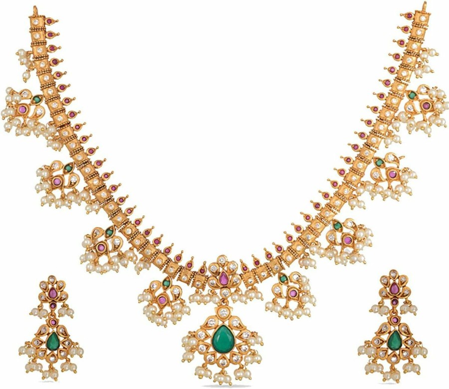 TARINIKA Tarinika Gold-Plated Brass Premal Antique Indian Jewelry Necklace Set For Women & Girls | Indian Jewelry | 1-Year Warranty | Cz Stones, Metal, Cubic Zirconia Jewelry Sets