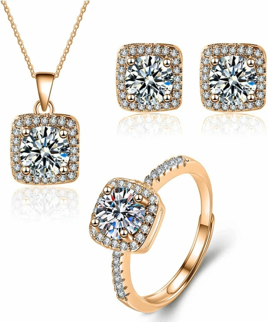 Txibikn Txibikn 4 Pieces Fashion Shiny Square Zircon Crystal Pendant Necklace Earring Ring Jewelry Set For Women Wedding Party Prom Holiday Gifts Jewelry Sets