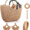 Tallew 5 Pcs Large Straw Summer Beach Bag With Dot Scarf Handmade Y Shaped Long Chain Tassel Pendant Necklace Woven Rattan Bracelet Lightweight Earrings For Woman Girl Jewelry Sets