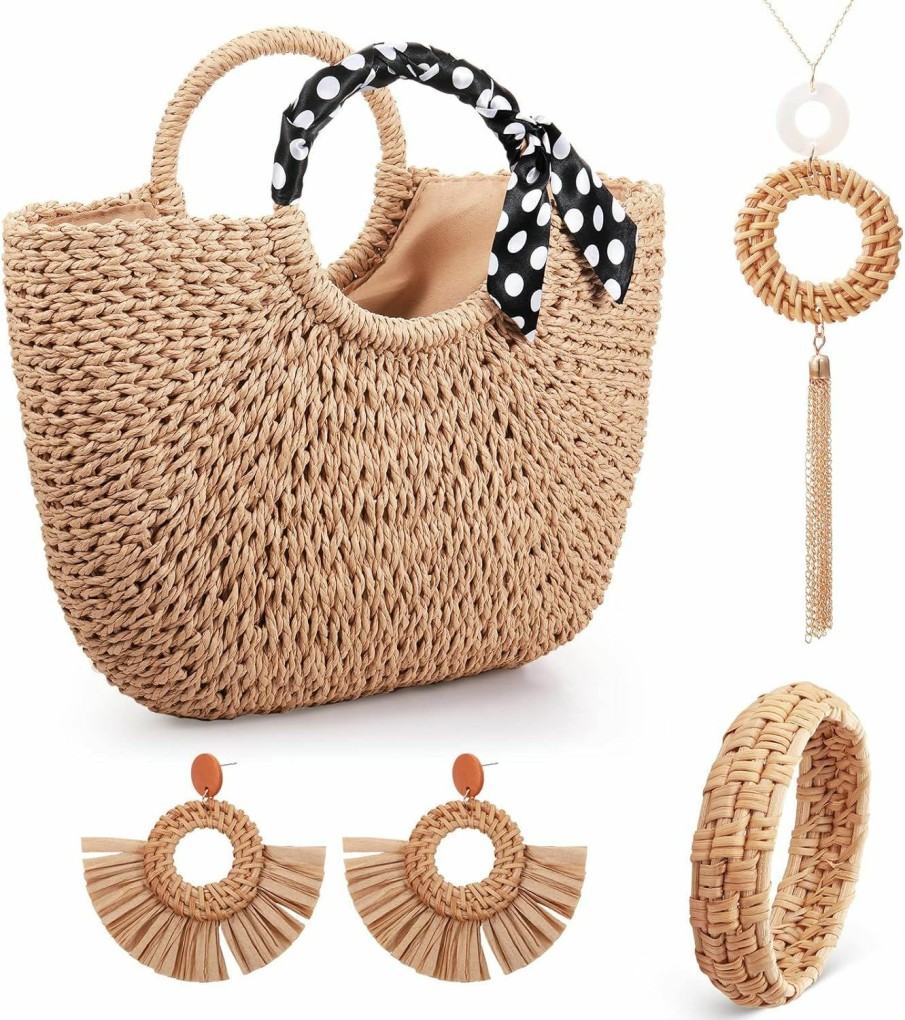 Tallew 5 Pcs Large Straw Summer Beach Bag With Dot Scarf Handmade Y Shaped Long Chain Tassel Pendant Necklace Woven Rattan Bracelet Lightweight Earrings For Woman Girl Jewelry Sets