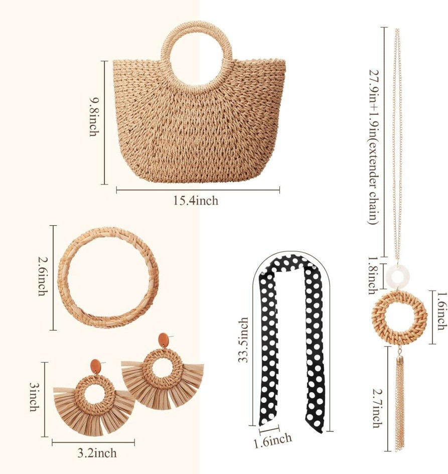 Tallew 5 Pcs Large Straw Summer Beach Bag With Dot Scarf Handmade Y Shaped Long Chain Tassel Pendant Necklace Woven Rattan Bracelet Lightweight Earrings For Woman Girl Jewelry Sets