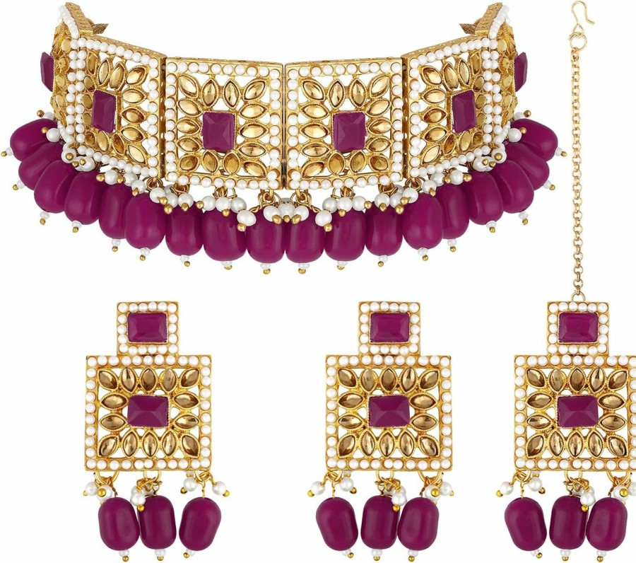 Aheli Aheli Faux Pearl Rani Pink Necklace With Earrings Indian Traditional Bollywood Jewelry Set For Women Girls Jewelry Sets