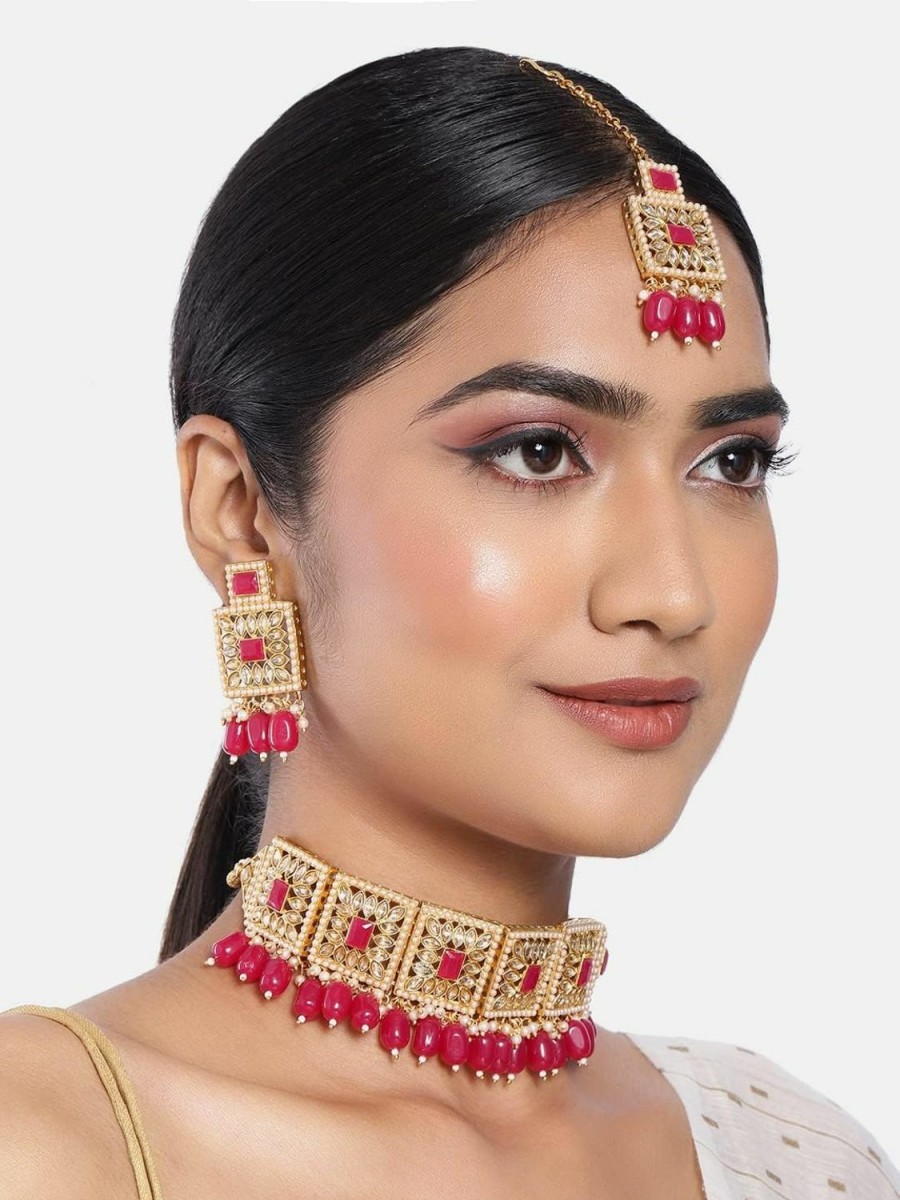 Aheli Aheli Faux Pearl Rani Pink Necklace With Earrings Indian Traditional Bollywood Jewelry Set For Women Girls Jewelry Sets