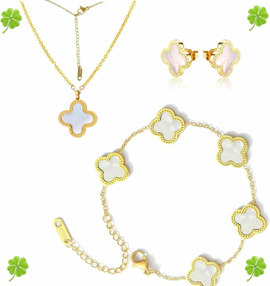 NCCEN Nccen Lucky Clover Sets 18K Gold Plated(White) Lucky Clover Bracelet,Lucky Clover Earrings,Lucky Clover Necklace,Cute Jewelry Gifts For Women Teen Girls Jewelry Sets