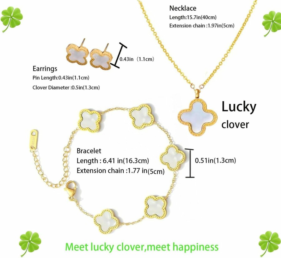 NCCEN Nccen Lucky Clover Sets 18K Gold Plated(White) Lucky Clover Bracelet,Lucky Clover Earrings,Lucky Clover Necklace,Cute Jewelry Gifts For Women Teen Girls Jewelry Sets