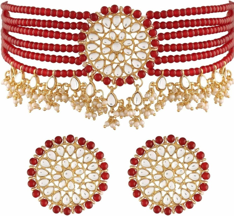 I Jewels I Jewels 18K Gold Plated Indian Bollywood Kundan Pearl Beads Designer Choker With Earrings For Women/Girls (K7097) Jewelry Sets