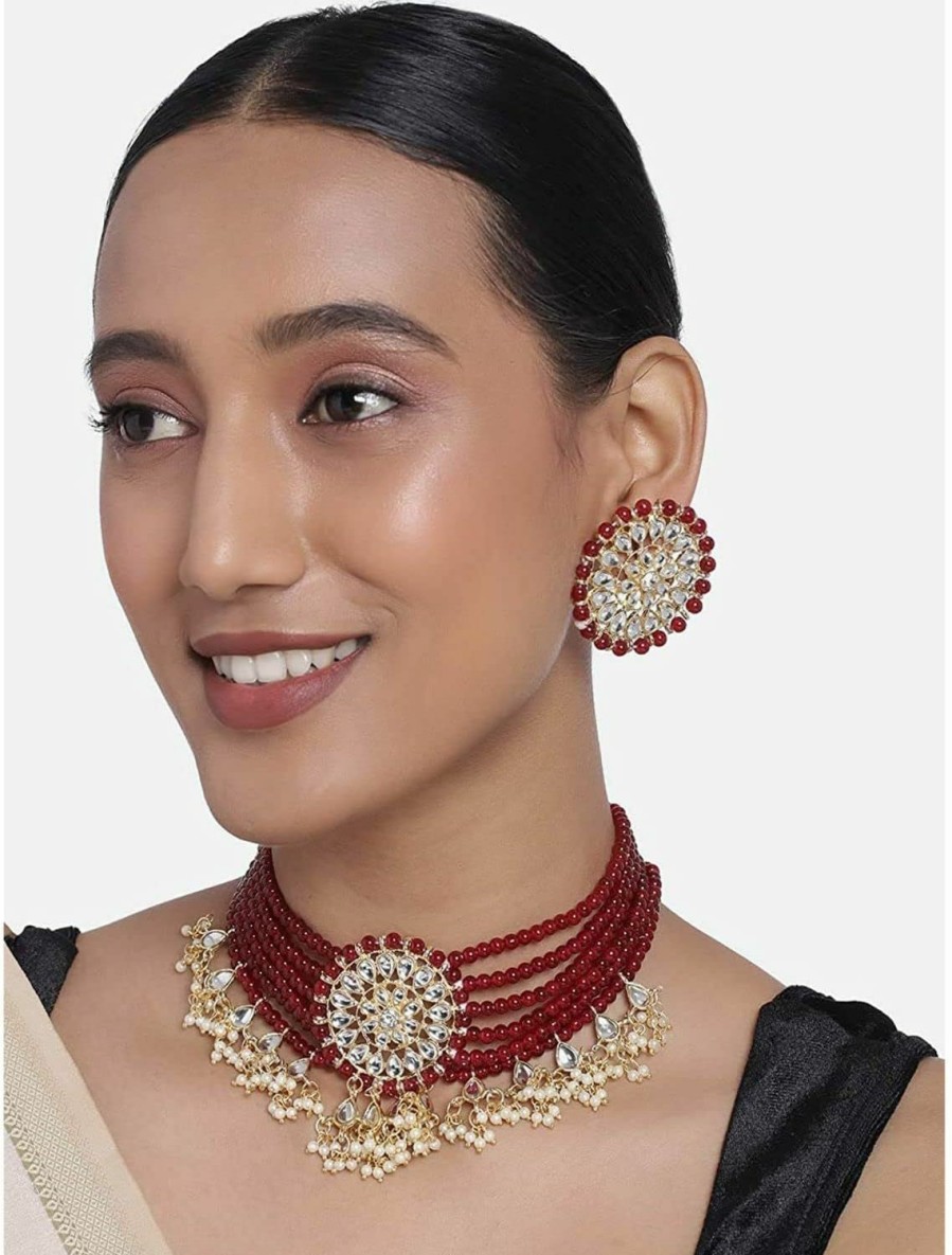 I Jewels I Jewels 18K Gold Plated Indian Bollywood Kundan Pearl Beads Designer Choker With Earrings For Women/Girls (K7097) Jewelry Sets