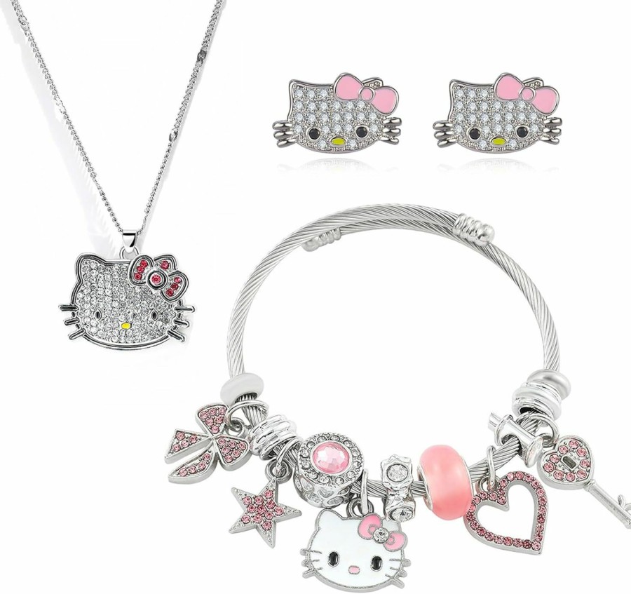 GUANKE 3Pcs Jewelry Set In Cute Cat Style, Kitty Necklace/Kitty Earrings/Kitty Bracelets/Adjustable Stainless Steel Sleeves, Girl'S Birthday Gift, Women'S Best Friend Jewelry Sets