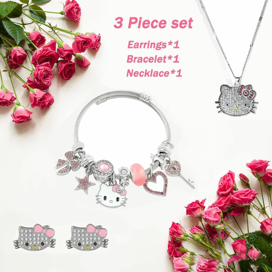 GUANKE 3Pcs Jewelry Set In Cute Cat Style, Kitty Necklace/Kitty Earrings/Kitty Bracelets/Adjustable Stainless Steel Sleeves, Girl'S Birthday Gift, Women'S Best Friend Jewelry Sets