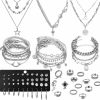 IFNODO Ifnodo 37Pcs Silver Jewelry Set With 3 Pcs Necklace, 14 Pcs Bracelet, 7 Pcs Ear Cuffs Earring, 6Pcs Hoop Earrings,7Pcs Silver Rings Set For Women Girls For Birthday Gifts Jewelry Sets