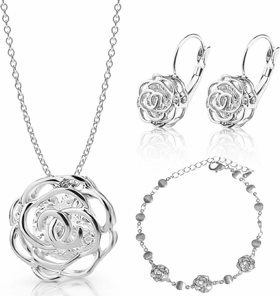 Crystalline Azuria Crystalline Azuria Women 18K Gold Plated White Crystal Roses Flower Set Necklace Earrings Bracelet For Women Wedding Party Bridal Bridesmaid Accessories Jewelry Sets