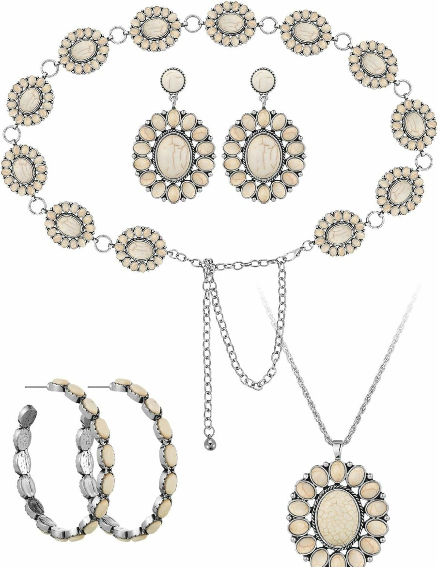 Landical Landical 4 Pcs White Turquoise Chain Belt Set Metal Western Waist Belts White Turquoise Necklace Turquoise Earrings For Women Jewelry Sets