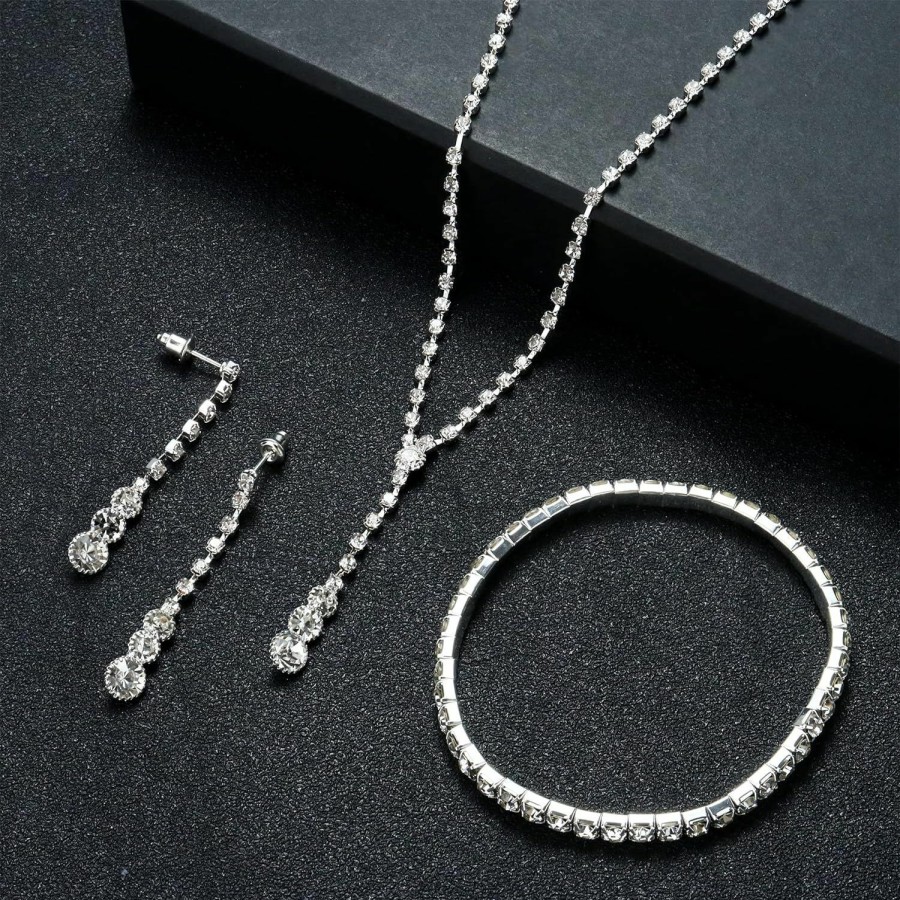 CASSIECA Cassieca Silver Bridal Jewelry Set Rhinestone Necklace Bracelet Dangle Earrings For Bride Bridesmaid Teardrop Pendant Crystal Wedding Prom Jewelry Accessories For Women Jewelry Sets