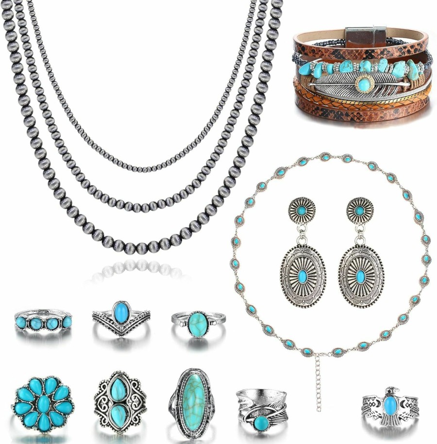 Besteel Besteel Navajo Pearl Necklace Bohemian Turquoise Jewelry Set For Women, Western Jewelry For Women Cowgirl Earrings, Boho Multi-Layer Faux Leather Wrap Bracelet Concho Earrings Big Joint Knuckle Rings Sets Navajo Jewelry For Women Jewelry Sets