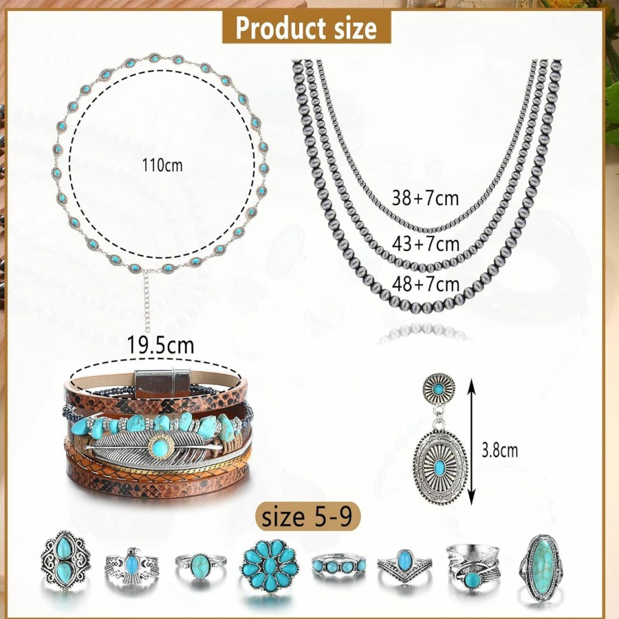 Besteel Besteel Navajo Pearl Necklace Bohemian Turquoise Jewelry Set For Women, Western Jewelry For Women Cowgirl Earrings, Boho Multi-Layer Faux Leather Wrap Bracelet Concho Earrings Big Joint Knuckle Rings Sets Navajo Jewelry For Women Jewelry Sets