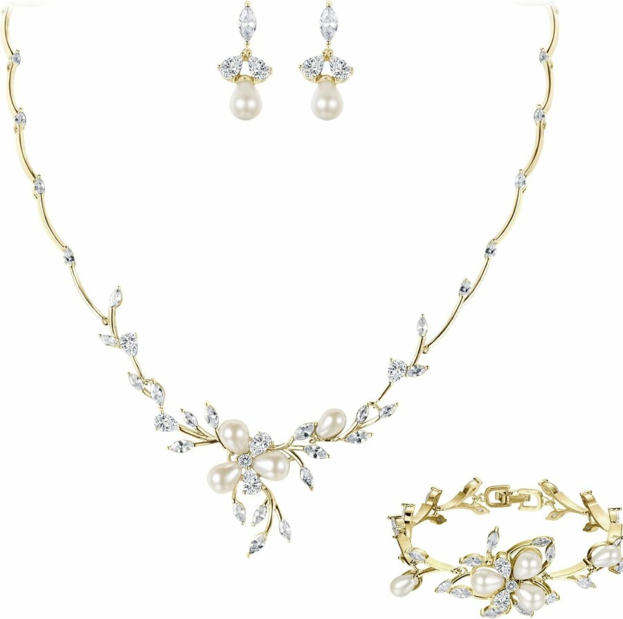 EVER FAITH Ever Faith Marquise Cz Simulated Pearl Bridal Flower Leaf Filigree Necklace Earrings Bracelet Set Jewelry Sets