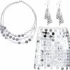 Mepase Mepase 3 Pcs Silver Sequin Skirt Tassel Choker Necklace Sequin Earrings Set Includes Metallic Skirt Costume Body Chain For Women Bib Necklace Jewelry Disco Earrings Mesh Dangle Earrings Jewelry Sets