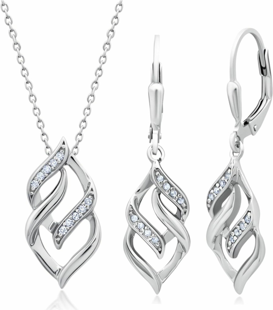 MAX + STONE Max + Stone Diamond Eternity Pendant Necklace And Dangle Earrings For Women Jewelry Set In Sterling Silver | 0.17 Carat Real Diamond Necklace & Earring Set | Diamond Earrings With Diamond Pendant Jewelry Sets