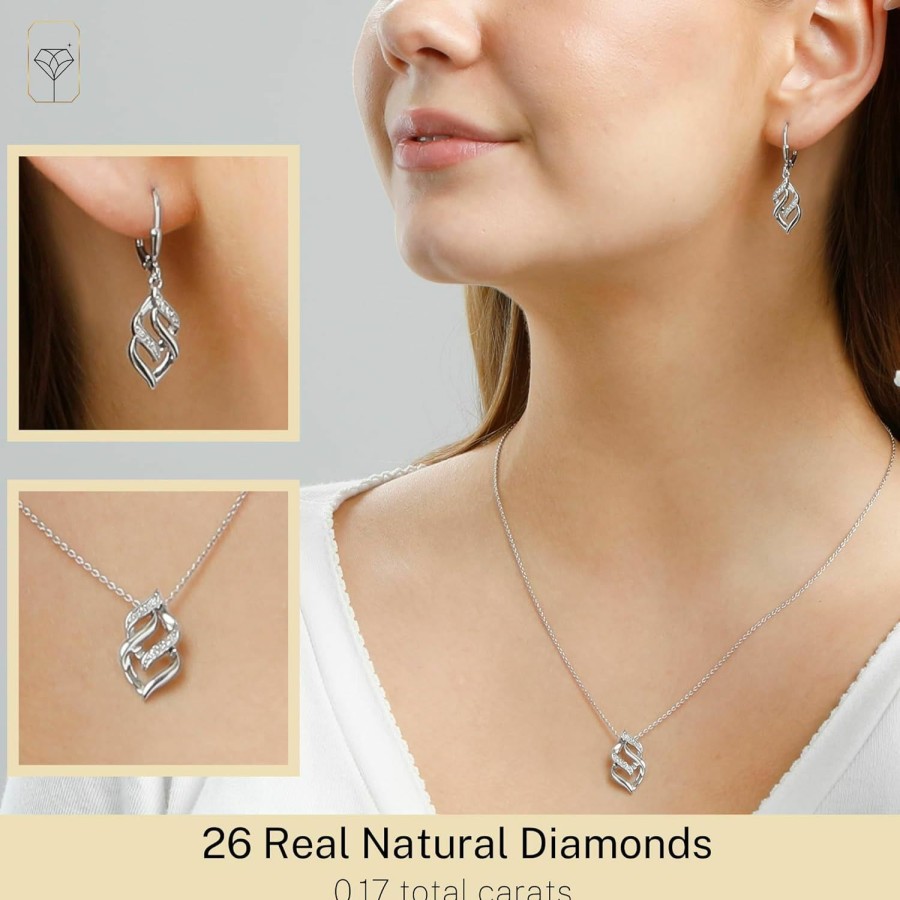 MAX + STONE Max + Stone Diamond Eternity Pendant Necklace And Dangle Earrings For Women Jewelry Set In Sterling Silver | 0.17 Carat Real Diamond Necklace & Earring Set | Diamond Earrings With Diamond Pendant Jewelry Sets