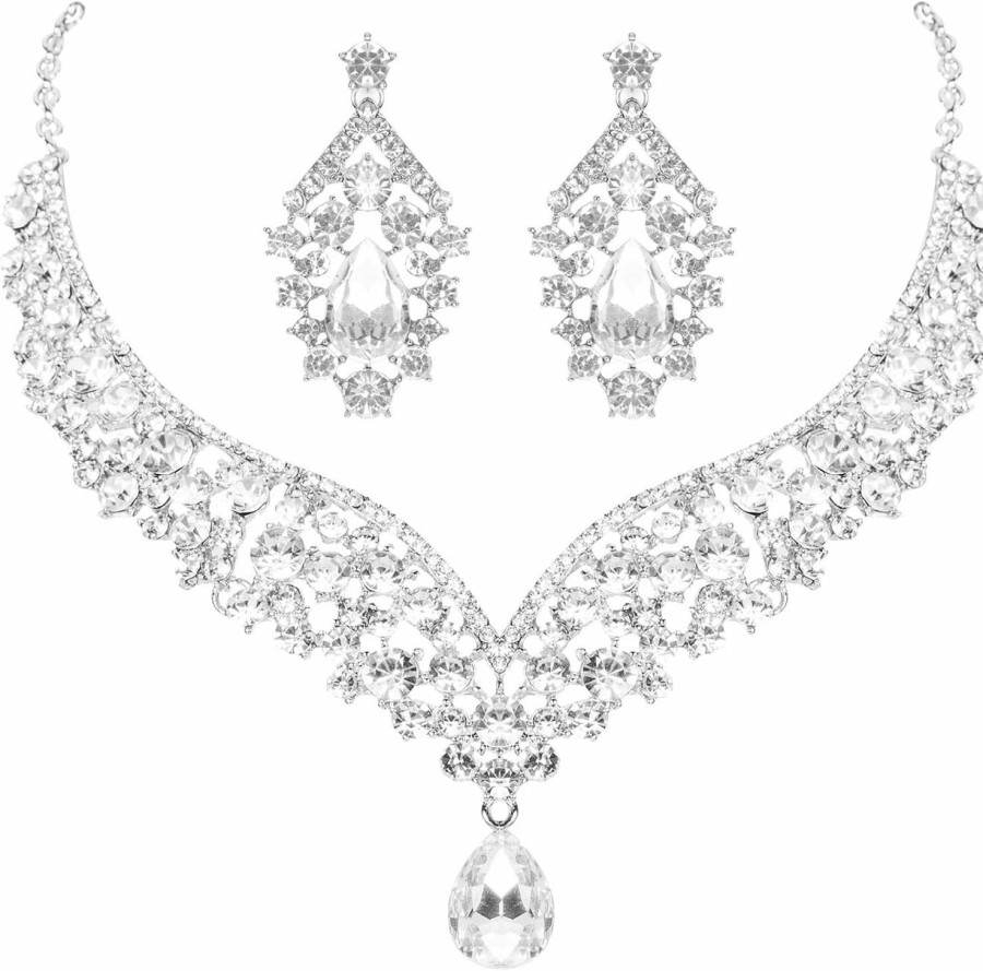 Hapibuy Hapibuy Crystal Wedding Jewelry Set Bridal Rhinestone Necklace And Earring Set For Brides Wedding Party Costume Accessories Gifts For Women Black And Silver Jewelry Sets