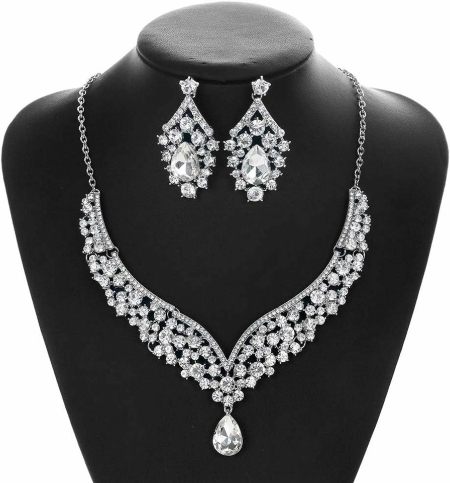 Hapibuy Hapibuy Crystal Wedding Jewelry Set Bridal Rhinestone Necklace And Earring Set For Brides Wedding Party Costume Accessories Gifts For Women Black And Silver Jewelry Sets