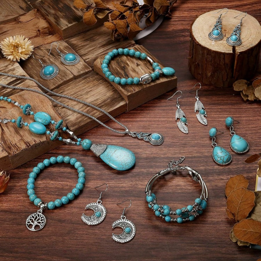 Florideco Florideco Bohemian Turquoise Jewelry Set Women Western Turquoise Pendant Necklace Layered Wrap Bangle Bracelet Turquoise Vintage Turquoise Dangle Earrings Boho Jewelry For Women Jewelry Sets