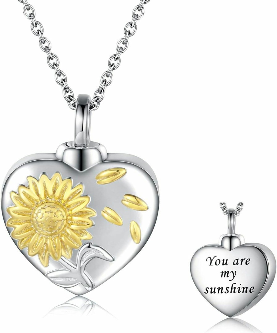 Sariel Sunflower Urn Necklace Ring Bracelet 925 Sterling Silver Keepsakes Cremation Jewelry For Ashes Necklace You Are My Sunshine Memorial Always In My Heart Memory Necklace Gift (Necklace) Jewelry Sets