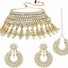 Aheli Indian Traditional Bollywood Maang Tikka With Kundan Necklace Earrings Set Ethnic Wedding Party Designer Jewelry For Women White Faux Kundan Chandbali Jewelry Sets