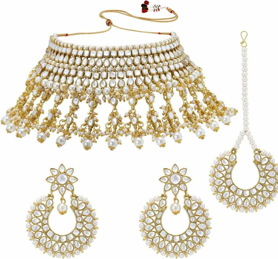 Aheli Indian Traditional Bollywood Maang Tikka With Kundan Necklace Earrings Set Ethnic Wedding Party Designer Jewelry For Women White Faux Kundan Chandbali Jewelry Sets