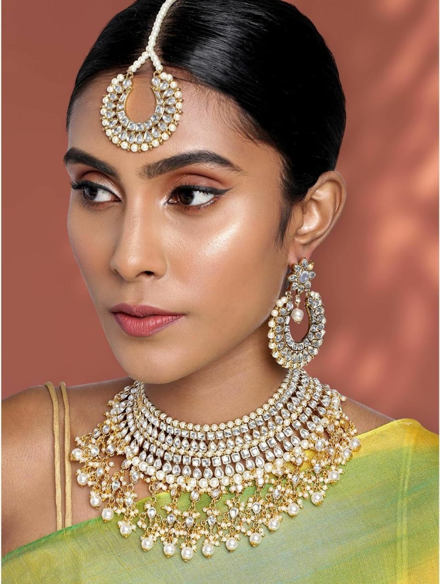 Aheli Indian Traditional Bollywood Maang Tikka With Kundan Necklace Earrings Set Ethnic Wedding Party Designer Jewelry For Women White Faux Kundan Chandbali Jewelry Sets