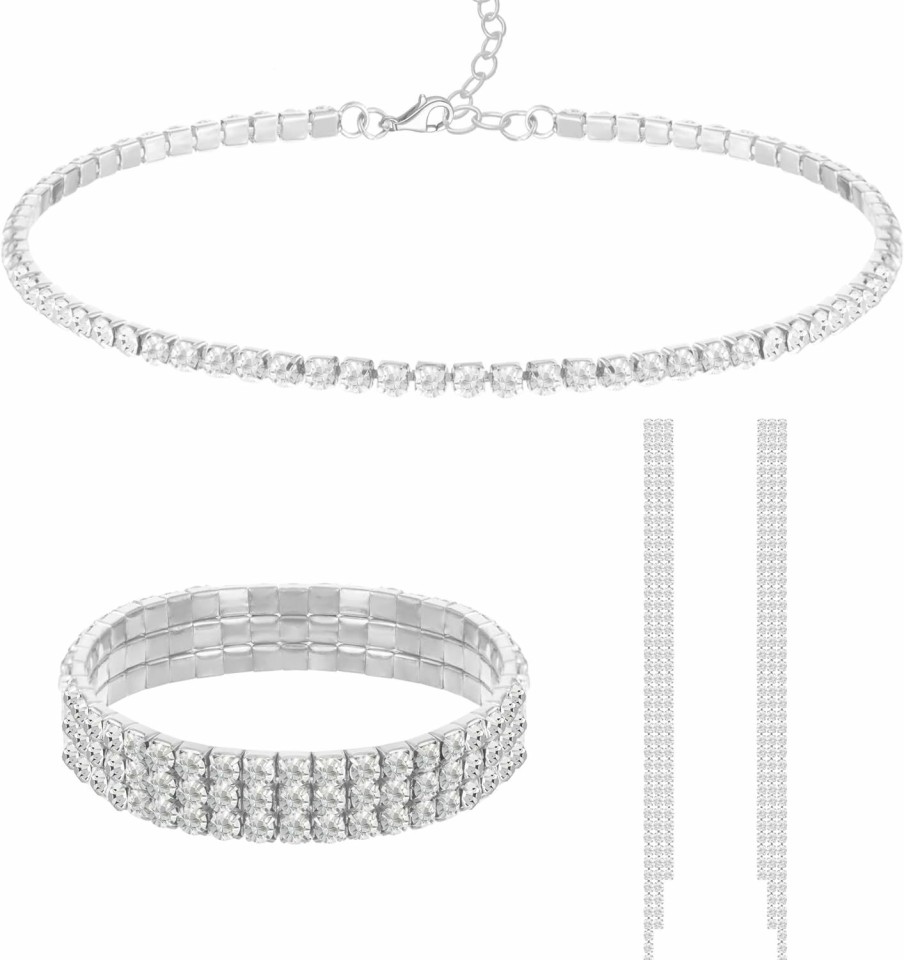 Paxuan Paxuan Women Rhinestone Crystal Wedding Bridal Choker Necklace Earrings Bracelet Jewelry Sets Jewelry Sets