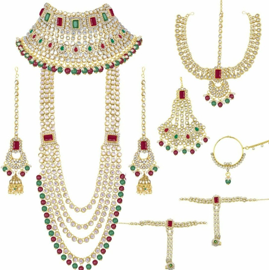 Aheli Aheli Ethnic Indian Traditional Bollywood Fashion Kundan Heavy Bridal Jewelry Set With Choker Earrings Maang Tikka Hathphool For Women Red Green Jewelry Sets