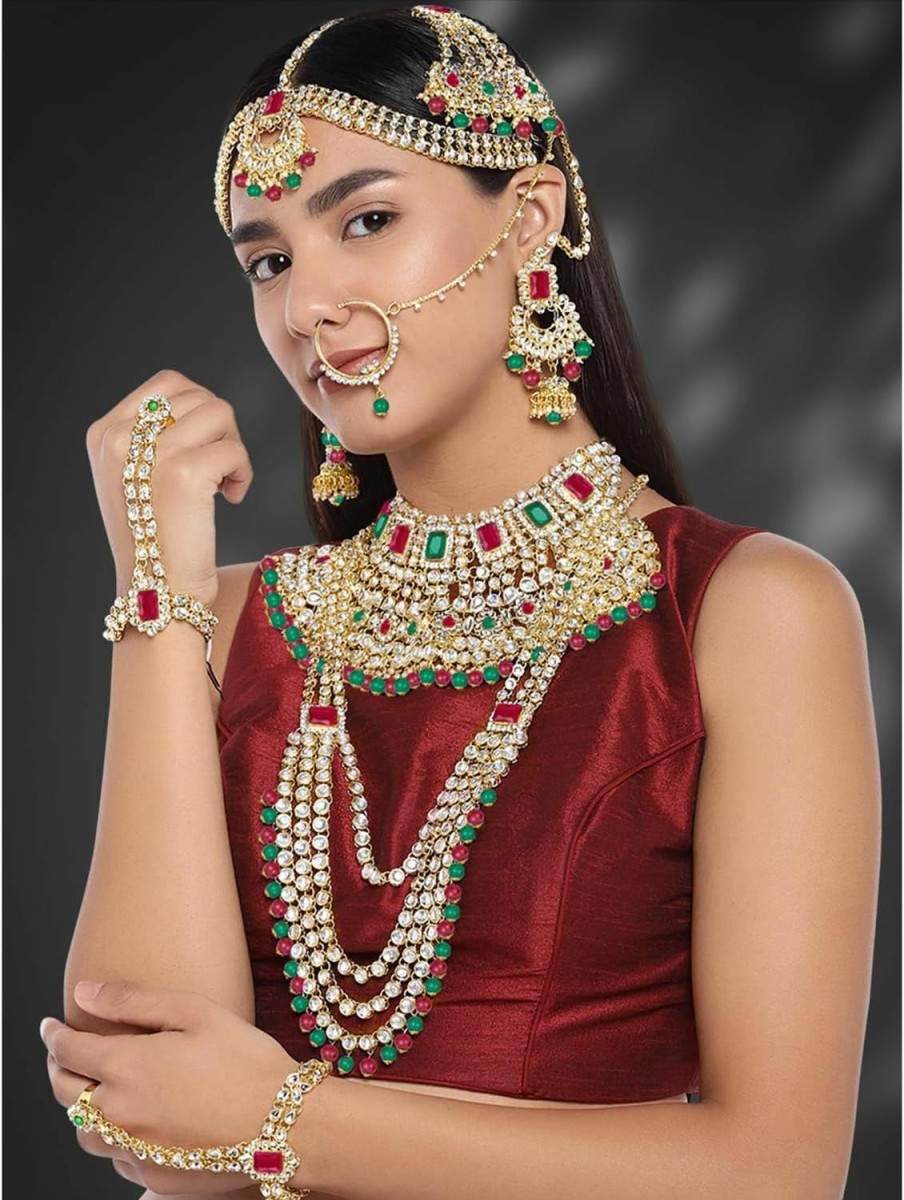 Aheli Aheli Ethnic Indian Traditional Bollywood Fashion Kundan Heavy Bridal Jewelry Set With Choker Earrings Maang Tikka Hathphool For Women Red Green Jewelry Sets