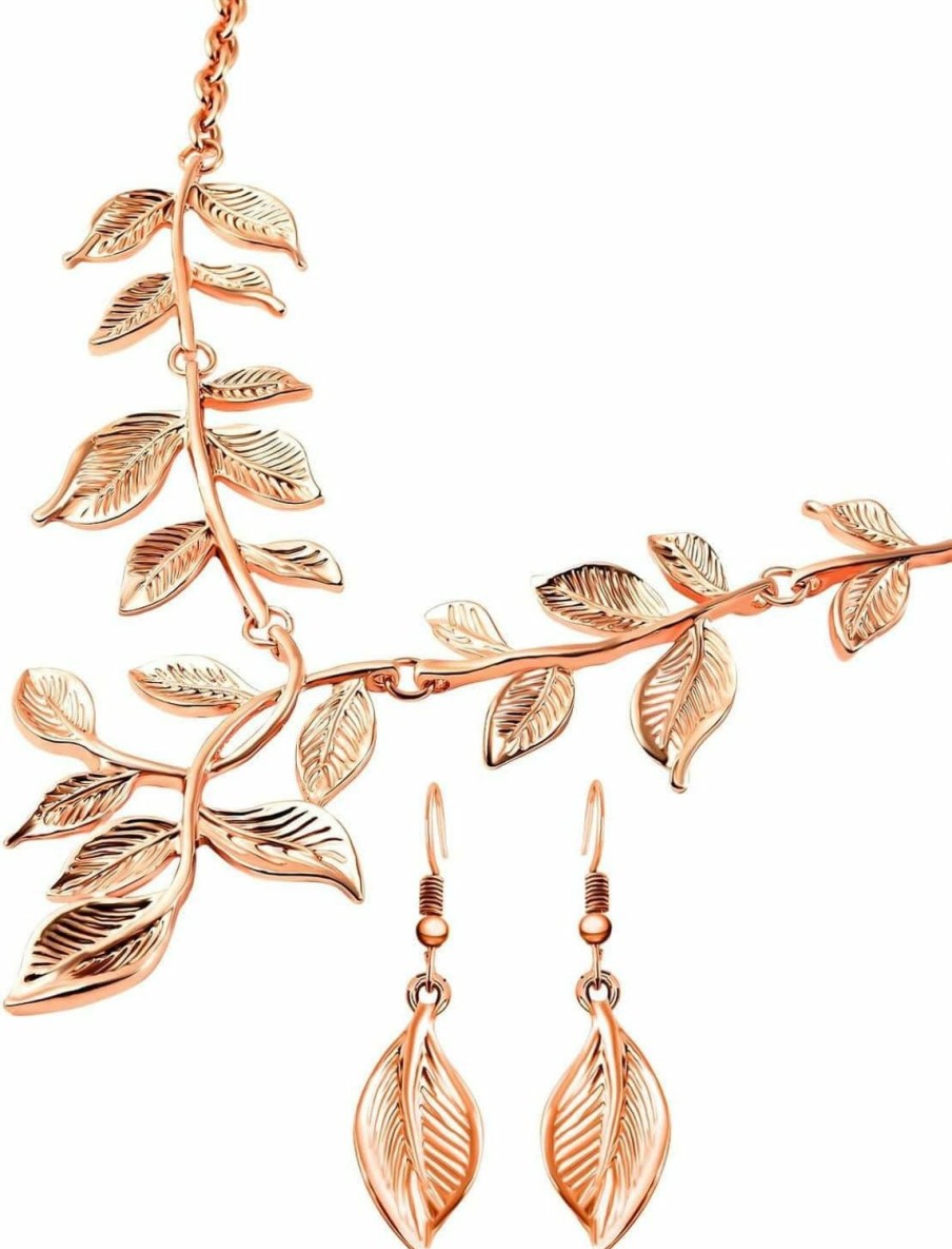 SHOP LC DELIVERING JOY Shop Lc Ion Plated Yellow Rose Gold Leaf Earrings Statement Necklace Costume Jewelry Set For Women Stainless Steel Floral 22\" Birthday Mothers Day Gifts For Mom Jewelry Sets