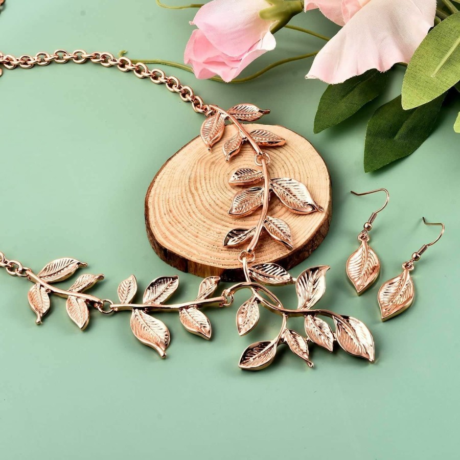 SHOP LC DELIVERING JOY Shop Lc Ion Plated Yellow Rose Gold Leaf Earrings Statement Necklace Costume Jewelry Set For Women Stainless Steel Floral 22\" Birthday Mothers Day Gifts For Mom Jewelry Sets