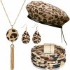 Hicarer Hicarer 4 Pieces Women Leopard Jewelry Set Leopard Earring French Beret Hat Leopard Leather Bracelet Earring Necklace Jewelry Sets