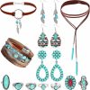 Florideco Florideco Western Jewelry For Women Bohemian Turquoise Jewelry Set Turquoise Faux Leather Cuff Bracelet Turquoise Pendant Choker Necklace Turquoise Hoop Dangle Earrings Turquoise Joint Knuckle Rings Jewelry Sets