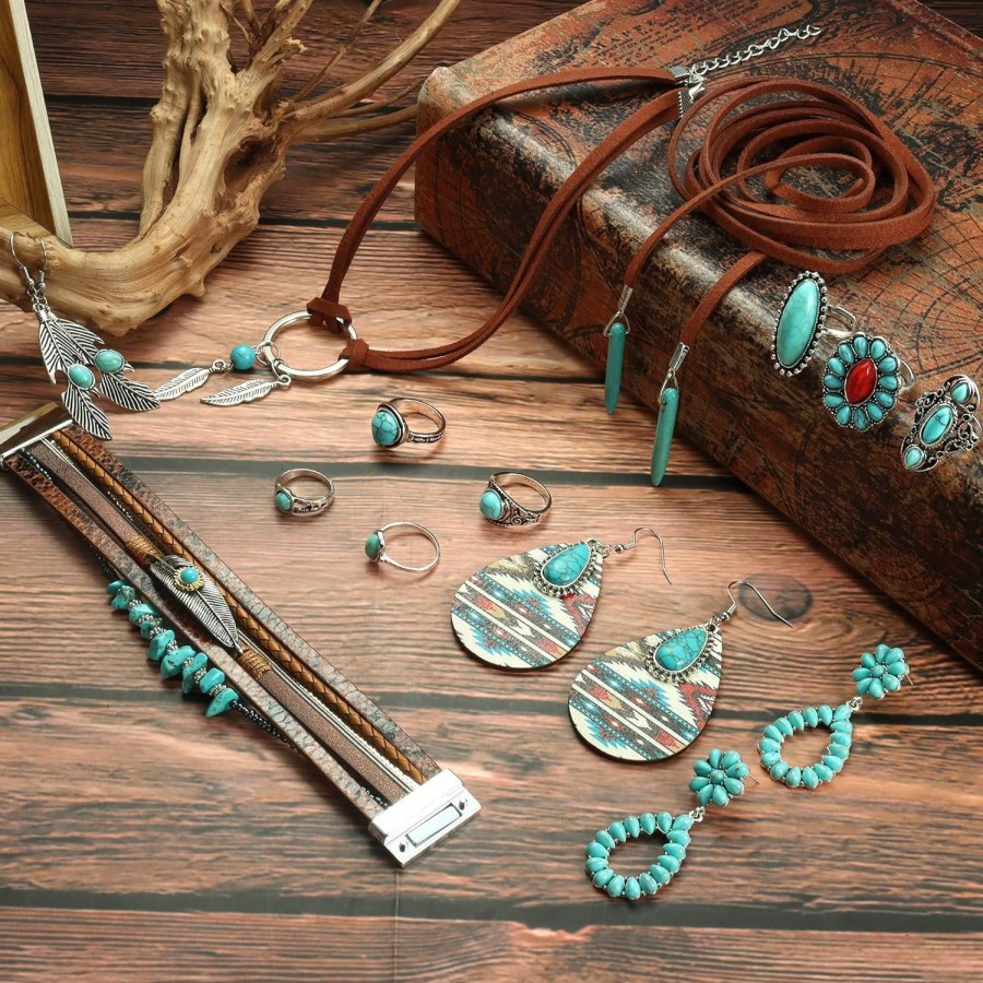 Florideco Florideco Western Jewelry For Women Bohemian Turquoise Jewelry Set Turquoise Faux Leather Cuff Bracelet Turquoise Pendant Choker Necklace Turquoise Hoop Dangle Earrings Turquoise Joint Knuckle Rings Jewelry Sets