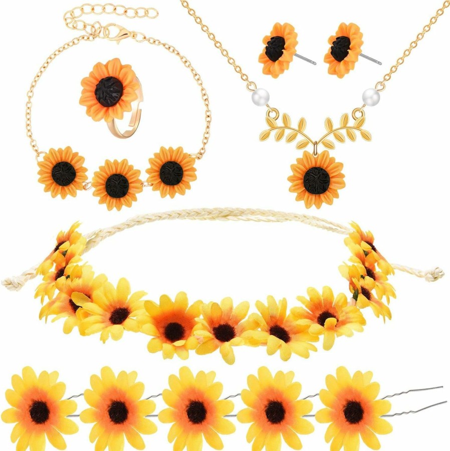 Hicarer 10 Pieces Sunflower Pendant Faux Pearl Chain Necklace Sunflower Charm Bracelet Earrings Ring Sunflower Hair Clip Sunflower Boho Headband Wreath For Women Jewelry Accessories Jewelry Sets