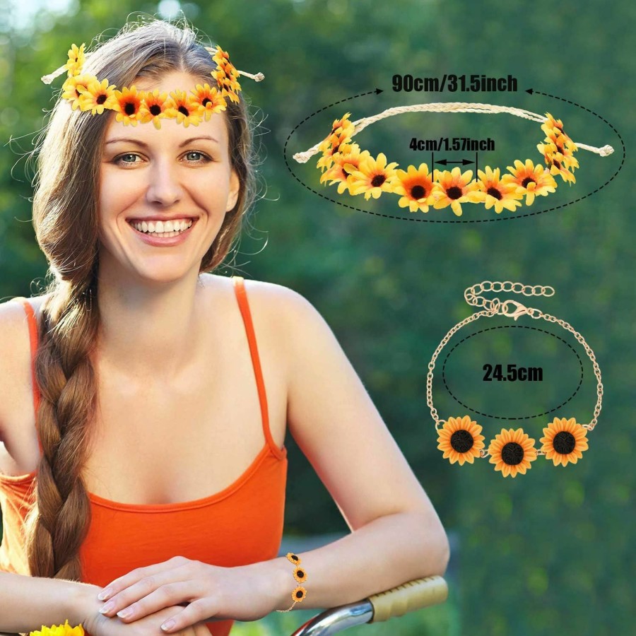 Hicarer 10 Pieces Sunflower Pendant Faux Pearl Chain Necklace Sunflower Charm Bracelet Earrings Ring Sunflower Hair Clip Sunflower Boho Headband Wreath For Women Jewelry Accessories Jewelry Sets