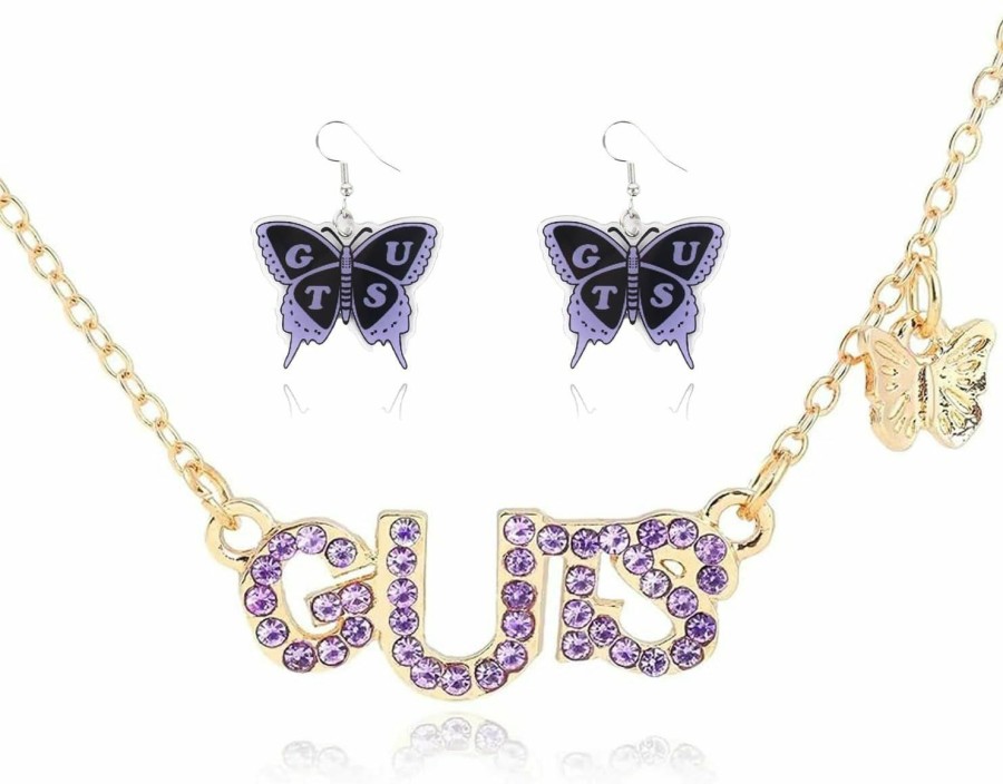 QITGIS 2Pcs Olivia Guts Album Concert Inspired Necklace Pendant And Purple Butterfly Earrings Set For Women Girls Fans Olivia Merch Jewelry Set Singer Fan Merchandise Olivia Album Concert Costume Dress Jewelry Sets