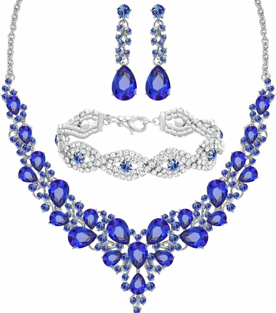 Miraculous Garden 3/4 Pieces Women Jewelry Set Rhinestone Crystal Bride Statement Choker Necklace Tiara Crown Link Bangle Bracelet Teardrop Dangle Earrings Set For Wedding Party Jewelry Sets