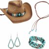 HYXITVCG 4Pcs Boho Jewelry Set Straw Cowboy Hat Turquoise Necklace Turquoise Bracelets Turquoise Earrings Turquoise Jewelry For Women Western Hat Necklace Bracelets Earrings Western Jewelry For Women Girls Jewelry Sets