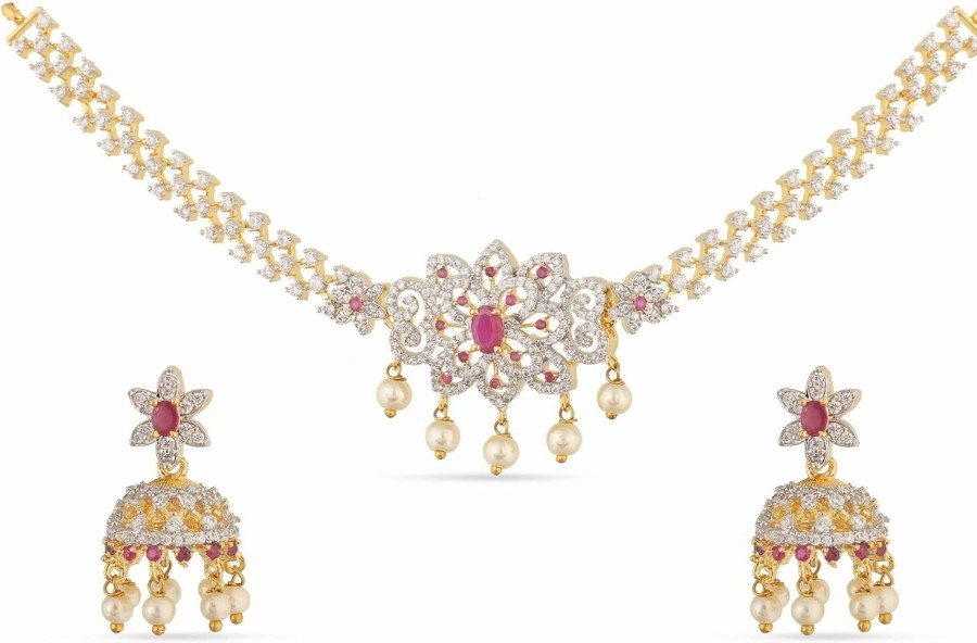 TARINIKA Tarinika Yellow Gold Beli Nakshatra Cz Short Necklace Set With Floral Design - Jewelry Set For Women Perfect For Casual Occasions | Indian Saree Jewelry Set | 1 Year Warranty* Jewelry Sets