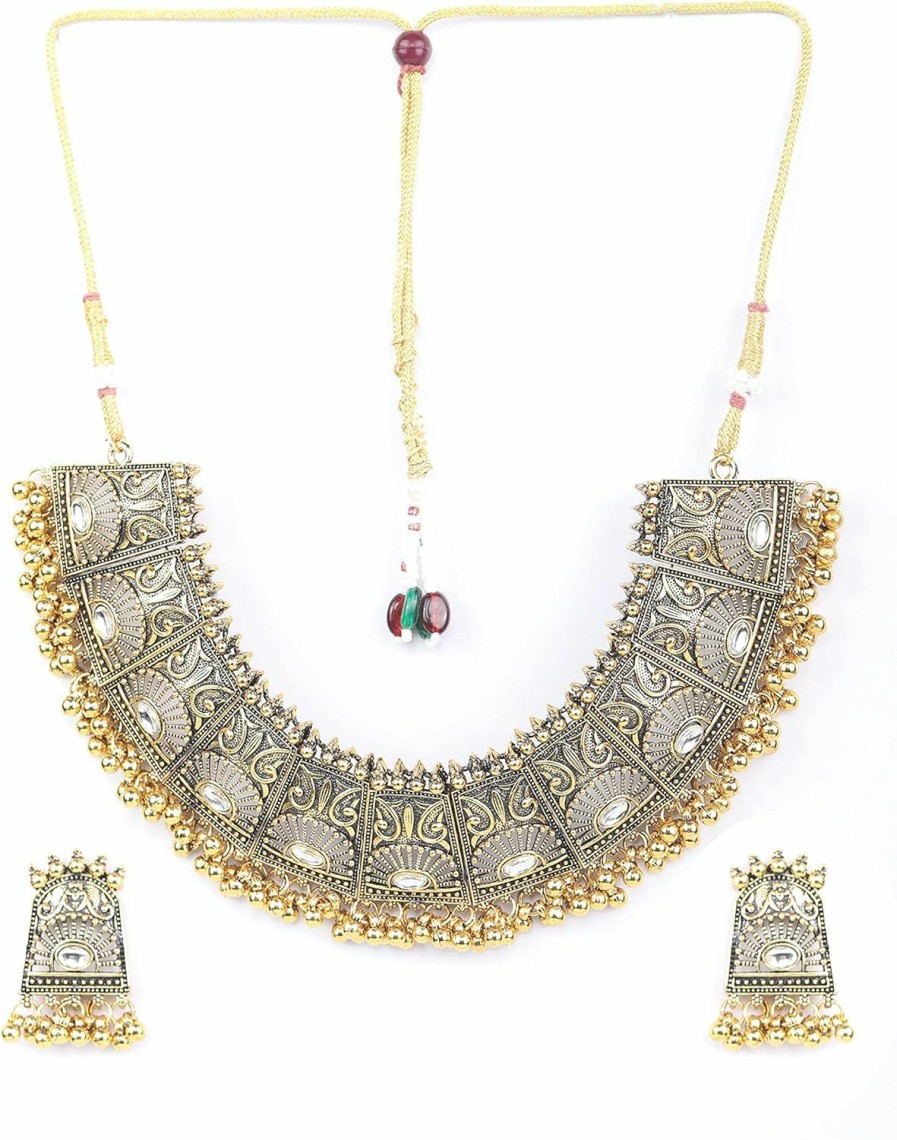 Priyaasi Priyaasi Oxidised Golden Jewellery Set For Women & Girls | Floral Design | Kundan Studded | Gold-Plated | Boho Style Indian Jewelry Set - Festival, Party, & Wedding | Alloy Metal Jewelry Sets