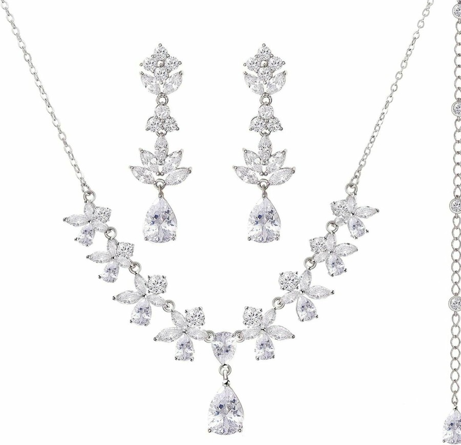 SWEETV Sweetv Cubic Zirconia Bridal Wedding Jewelry Sets For Bride Bridesmaids, Teardrop Back Drop Necklace Earrings Jewelry Set For Prom Wedding Jewelry Sets