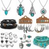 IFNODO Ifnodo 48 Pcs Western Jewelry Set For Women 4Pcs Turquoise Necklace,12 Pairs Earrings,And Bangle Bracelets, 24Pcs Knuckle Rings For Women Girls Boho Turquoise Jewelry Jewelry Sets