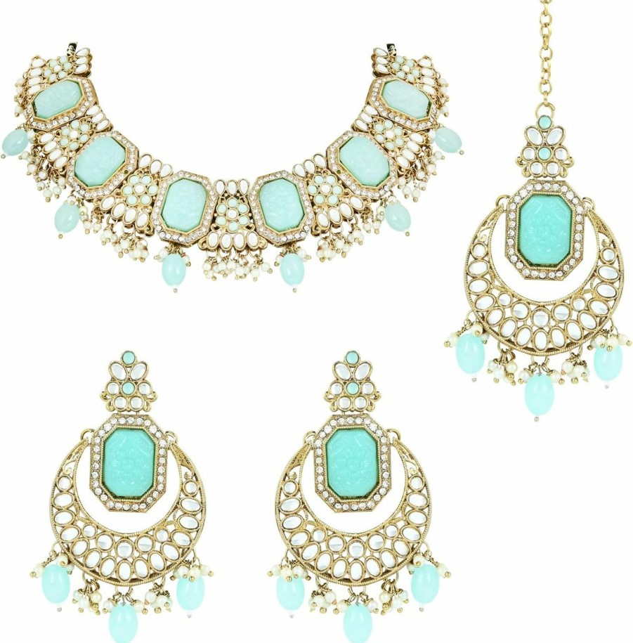 I Jewels I Jewels 18K Gold Plated Indain Wedding Bollywood Pearl Kundan & Stone Studded Jewellery Necklace Set With Maang Tikka For Women (K7238-1) Jewelry Sets