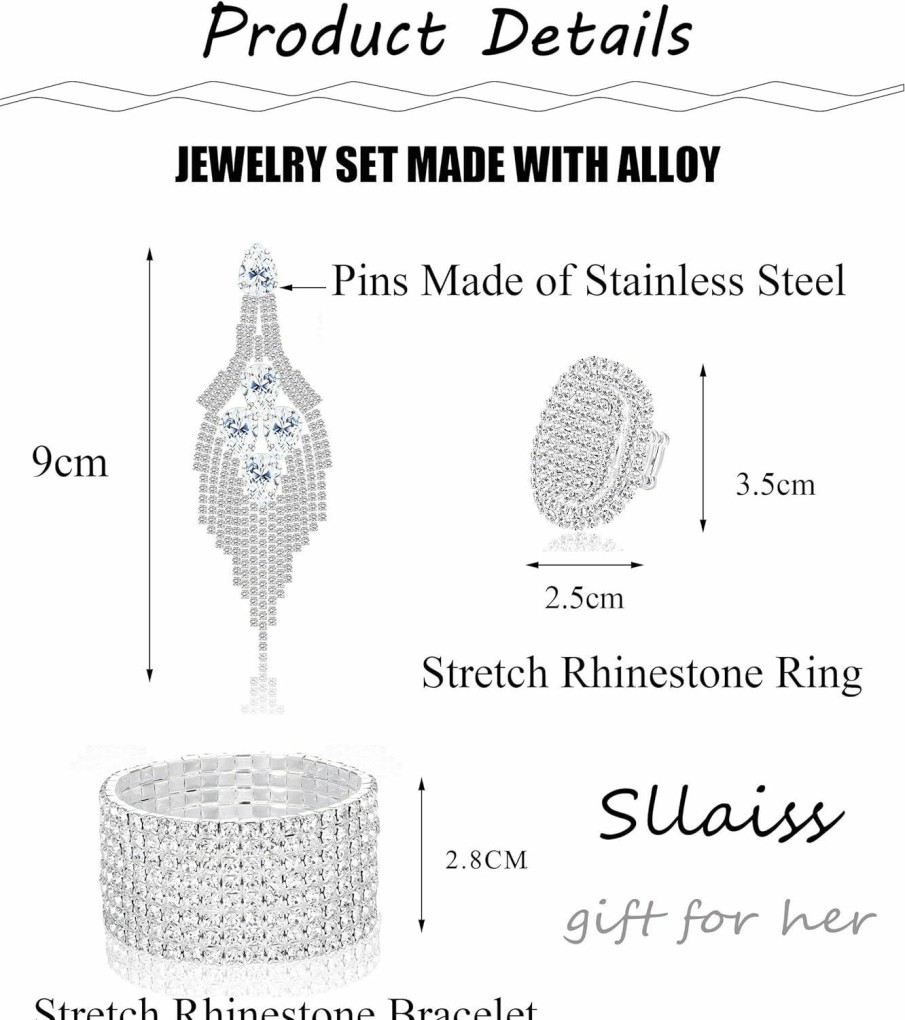 Sllaiss Sllaiss Rhinestone Bridal Jewelry Set For Women Sparkling Rhinestone Stretch Bracelet Ring Dangle Tassel Earrings Set Costume Jewelry Jewelry Sets